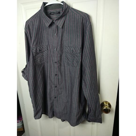 Axist Men's XL Shirt Purple Grey Striped Collared Roll Tab Sleeve - Picture 2 of 9
